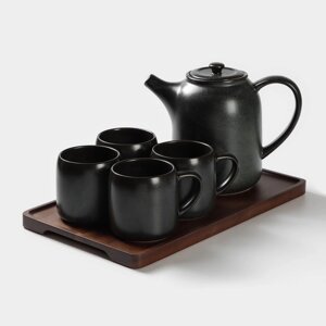 Набор керамический чайный Loft, 6 предметов: чайник 1 л, 4 кружки 250 мл, поднос 3320 см, цвет чёрный