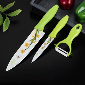 Набор кухонных принадлежностей Доляна «Нарцисс», 3 предмета: 2 ножа с антиналипающим покрытием, лезвие 12 см, овощечистка, 204 см, цвет зелёный
