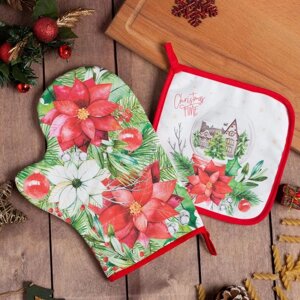 Набор кухонный Christmas red flowers варежка-прихватка 20х28см, прихватка 19х19см, 100% хлопок