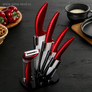Набор кухонный Доляна «Изгиб», 6 предметов: 4 ножа, лезвие 7,5 см, 10 см, 13 см, 15 см, овощечистка, на подставке