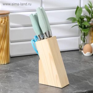 Набор ножей кухонных на подставке, 6 предметов: 5 ножей 8,5 см, 12 см, 12 см, 19,7 см, 19 см, ножницы, цвет голубой