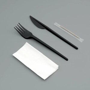 Набор одноразовой посуды "Вилка, нож, салф. бум., зубочистка" черный, 16,5 см