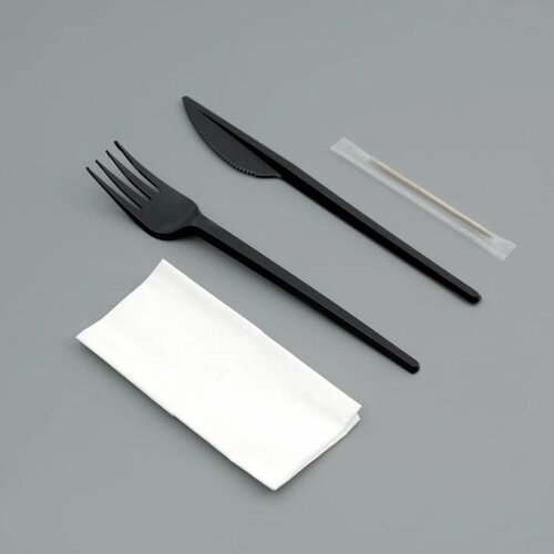 Набор одноразовой посуды "Вилка, нож, салф. бум., зубочистка" черный, 16,5 см
