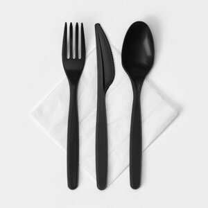Набор одноразовых столовых приборов «Элит», 4 предмета: вилка, ложка столовая, нож, салфетка, 18 см, цвет чёрный
