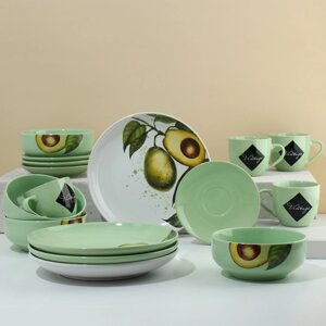 Набор посуды из керамики на 4 персоны «Авокадо», 16 предметов: 4 тарелки 23 см, 4 миски 14.5 см, 4 кружки 250 мл, 4 блюдца 15 см