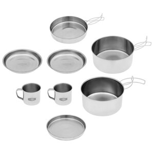Набор посуды Maclay, походный: 2 кружки, 2 миски, сковорода, 2 кастрюли, нержавеющая сталь