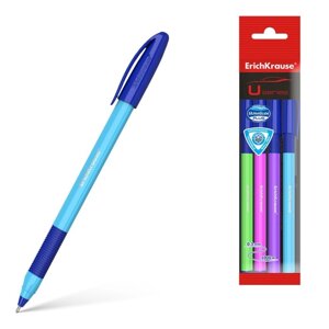 Набор ручек шариковых ErichKrause U-109 Neon Stick&Grip, 4 штуки, игольчатый узел 1.0 мм, цвет чернил синий, супермягкое письмо, резиновый упор, корпус неоновый микс