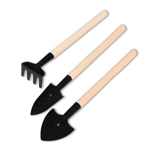 Набор садового инструмента, 3 предмета: грабли, 2 лопатки, длина 24 см, деревянные ручки, Greengo