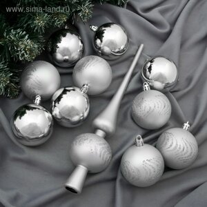 Набор шаров пластик с верхушкой 21 шт "Изгибы" серебро