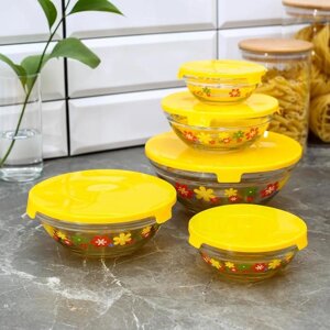 Набор стеклянных салатников с крышками "Цветочки", 5 шт: 130/200/350/500/900 мл, цвет желтый