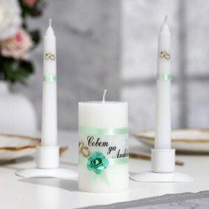Набор свечей свадебных "Совет да любовь с розой"мятный: родительские 1,8х15см, очаг 5х9,5см