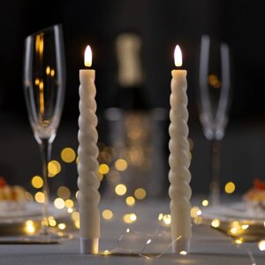 Набор светодиодных витых свечей, белые, 2 25 2 см, пластик, воск, батарейки АААх2 (не в комплекте), свечение тёплое белое, 2 шт.