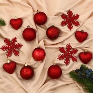 Набор украшений пластик 30 шт "Амур"16 шаров, 6 сердец, 8 снежинок) красный