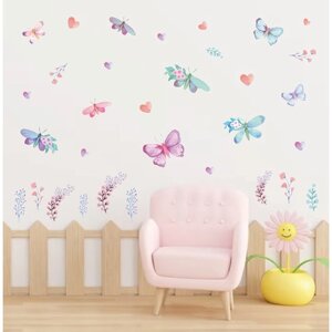 Наклейка интерьерная цветная "Акварельные бабочки в цветах" 50х70 см