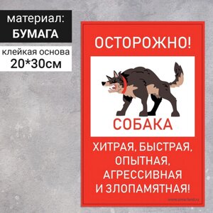 Наклейка "Осторожно собака" 200 х 300, хитрая, быстрая, цвет красно-белый