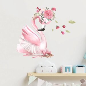 Наклейка пластик интерьерная цветная "Фламинго в балетной пачке с цветами" 30х60 см
