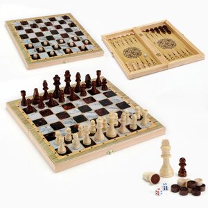 Настольная игра 3 в 1 "Мрамор"шахматы, шашки, нарды, доска дерево 40 х 40 см