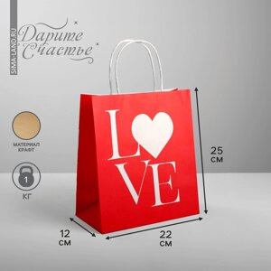 Пакет подарочный крафт, упаковка, «LOVE», 22 х 25 х 12 см
