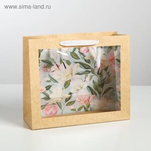 Пакет подарочный крафтовый с пластиковым окном, упаковка, «Цветы», 31 х 26 х 11 см