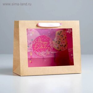 Пакет подарочный крафтовый с пластиковым окном, упаковка, «Happy Birthday», 24 х 20 х 11см