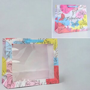 Пакет подарочный крафтовый с пластиковым окном, упаковка, «Поздравляю», 31 х 26 х 10 см