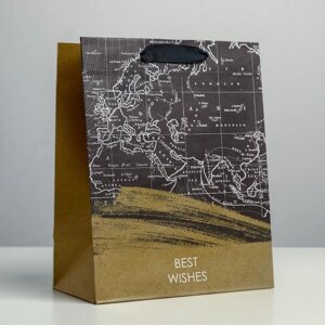 Пакет подарочный крафтовый вертикальный, упаковка, «Best wishes», MS 18 х 23 х 10 см