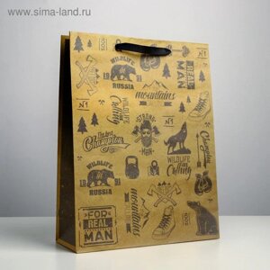 Пакет подарочный крафтовый вертикальный, упаковка, «For real man», L 31 х 40 х 11.5 см