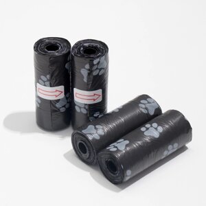 Пакеты для уборки за собаками с печатью "Лапки"4 рулона по 15 пакетов 29х21 см), чёрный