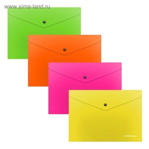 Папка-конверт на кнопке А5+239х189 мм), 180 мкм, ErichKrause Glossy Neon, глянцевая, полупрозрачная, микс