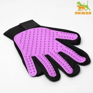 Перчатка-щетка для шерсти на левую руку из неопрена с удлиненными зубчиками, фиолетовая