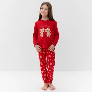 Пижама для девочки, цвет красный/печеньки, рост 116-122 см