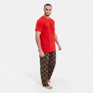 Пижама мужская (футб/брюки), цвет красный/клетка, р-р 46