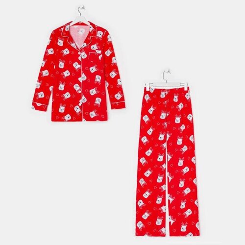 Пижама новогодняя женская (рубашка и брюки) KAFTAN Мишки, цвет красный, размер 48-50