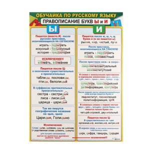 Плакат "Обучайка по Русскому языку. Правописание букв Ы и И" 50,5х69,7 см