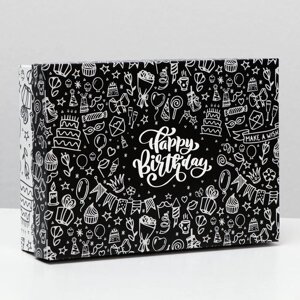 Подарочная коробка сборная "С днем рождения", черно-белая, 21 х 15 х 5,7 см