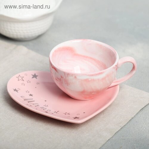Подарочный набор керамический «Мечтай»кружка 120 мл, блюдце, цвет розовый