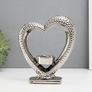 Подсвечник керамика на 1 свечу "Сердце на подставке" d=4 см серебро 17х5,5х19,5 см