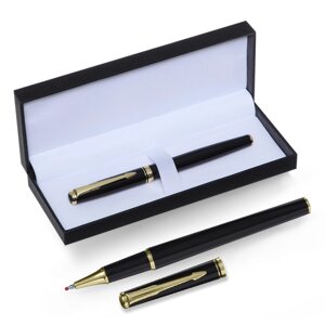 Ручка подарочная роллер в кожзам футляре, корпус черный, золото