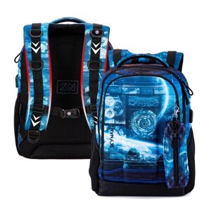 Рюкзак школьный 38 х 27 х 16 см, эргономичная спинка + пенал, SkyName 57, чёрный/синий, 57-43