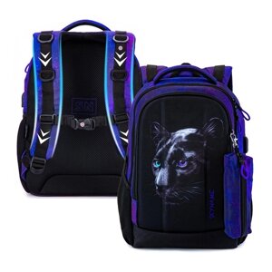 Рюкзак школьный 38 х 28 х 16 см, эргономичная спинка + пенал, SkyName 57, чёрный/фиолетовый, 57-51