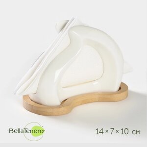 Салфетница керамическая на бамбуковой подставке BellaTenero, 14710 см, цвет белый