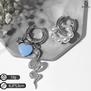 Серьги со съёмным элементом «Трансформер» змейка, цвет бело-синий в серебре