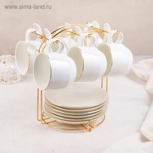 Сервиз чайный керамический на металлической подставке «Бланш», 19 предметов: 6 чашек 170 мл, 6 блюдец 13,5 см, 6 ложек, цвет белый