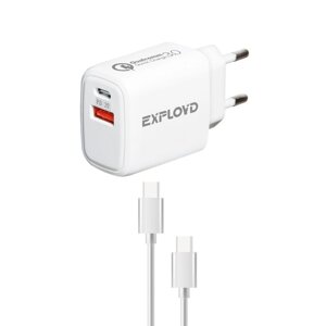 Сетевое зарядное устройство Exployd EX-Z-1341, USB-С/USB, 3 А, 20 Вт, кабель Type-C, белое