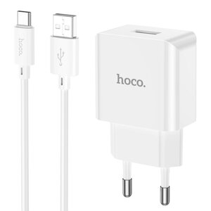 Сетевое зарядное устройство Hoco C106A, 1 USB, 2.1 А, кабель Type-C - USB, 1 м, белое