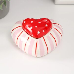 Шкатулка керамика "Красное сердце в горошек, полосатое" 10,2х10х5 см