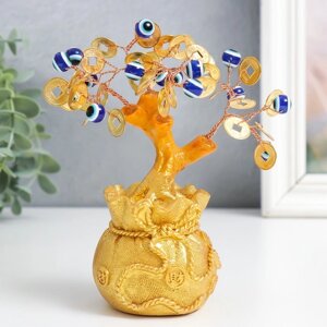 Сувенир бонсай "Денежное дерево в золотом мешке" 16 глазиков, 32 монеты 15х6,5х6 см