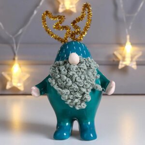 Сувенир керамика "Дед Мороз, кудрявая борода, колпак с рожками" зелёный 14,8х6,8х9,6 см