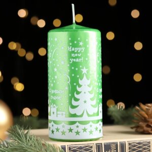 Свеча-цилиндр новогодняя "Новогодние узоры №3", 12,5х6 см, 35 ч, 275 г, зеленая с белым