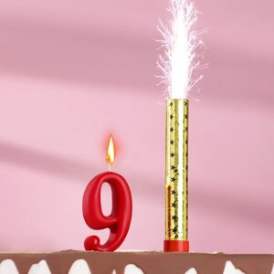 Свеча для торта цифра "Овал" красная "9"фонтан